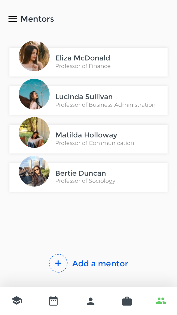 screenshot of the phone view of mentors section